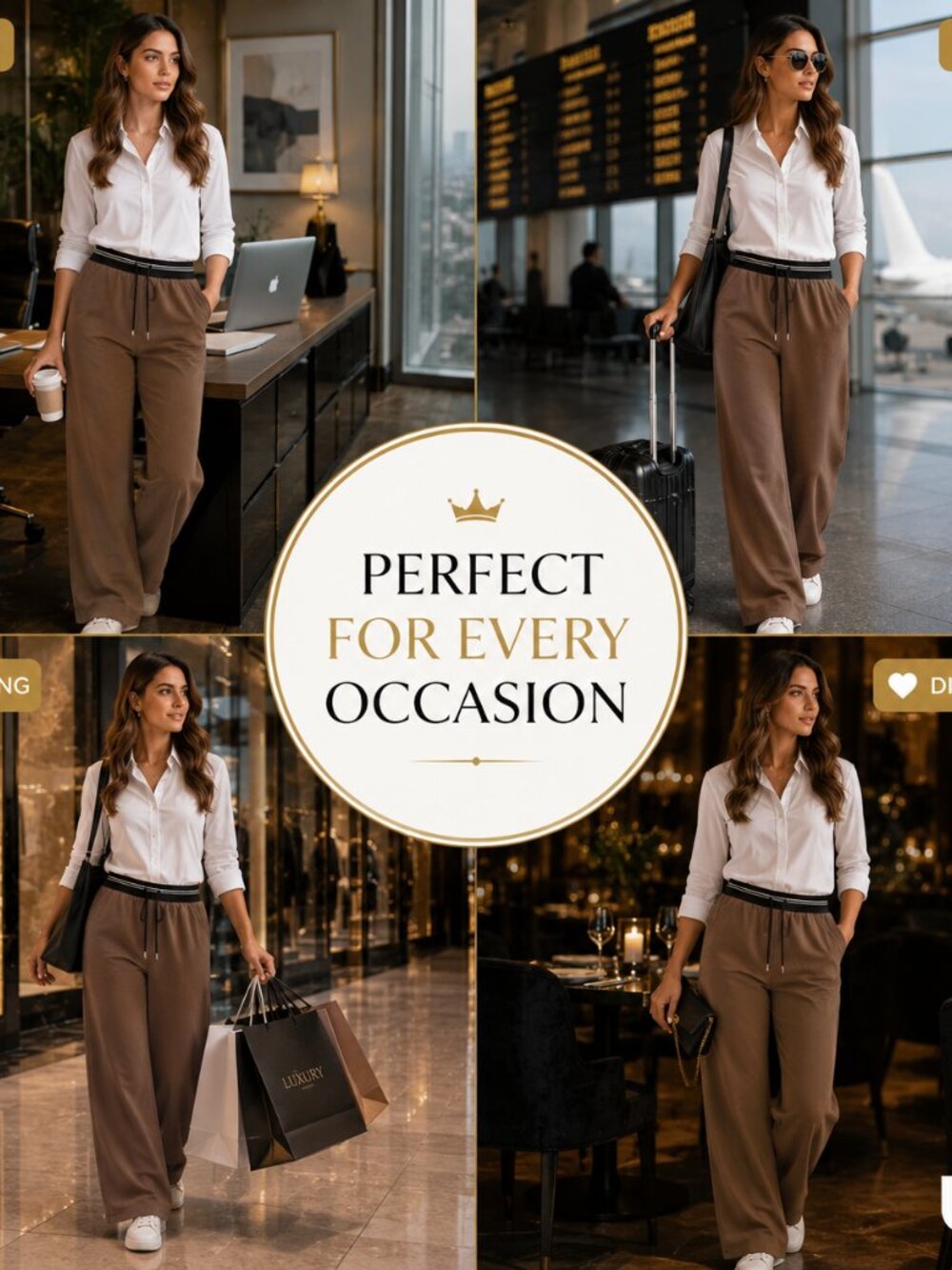 Women’s Brown Stretchable Wide-Leg Pants NWT | Elastic Waist - Picture 7 of 9